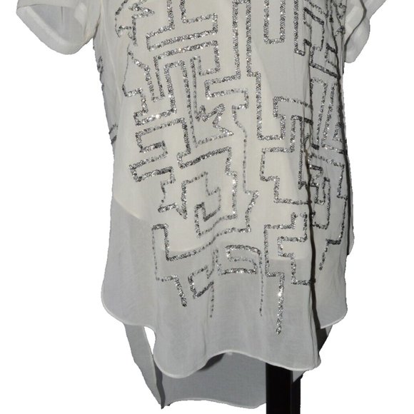 3.1 PHILLIP LIM SZ 6 S SMALL WHITE SILVER MAZE EMBROIDERED SEQUINS BLOUSE TOP - Picture 2 of 11
